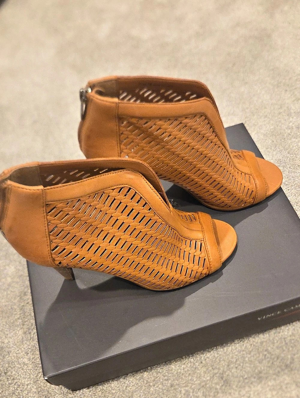 Vince Camuto Karsten Woven Leather Peep Toe Bootie Peep-Toe Heels Brown